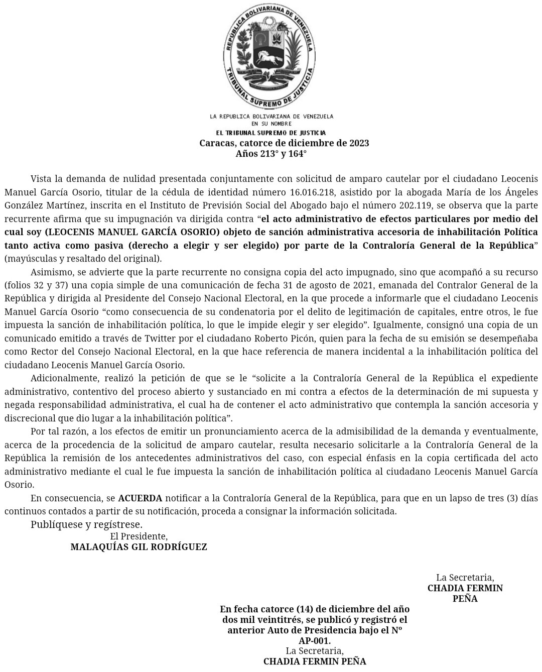 Diario Frontera, Frontera Digital,  TSJ, Contraloría General de la República, Leocenis García, Politica, ,El TSJ solicita información a la Contraloría General de la República sobre el caso de Leocenis García