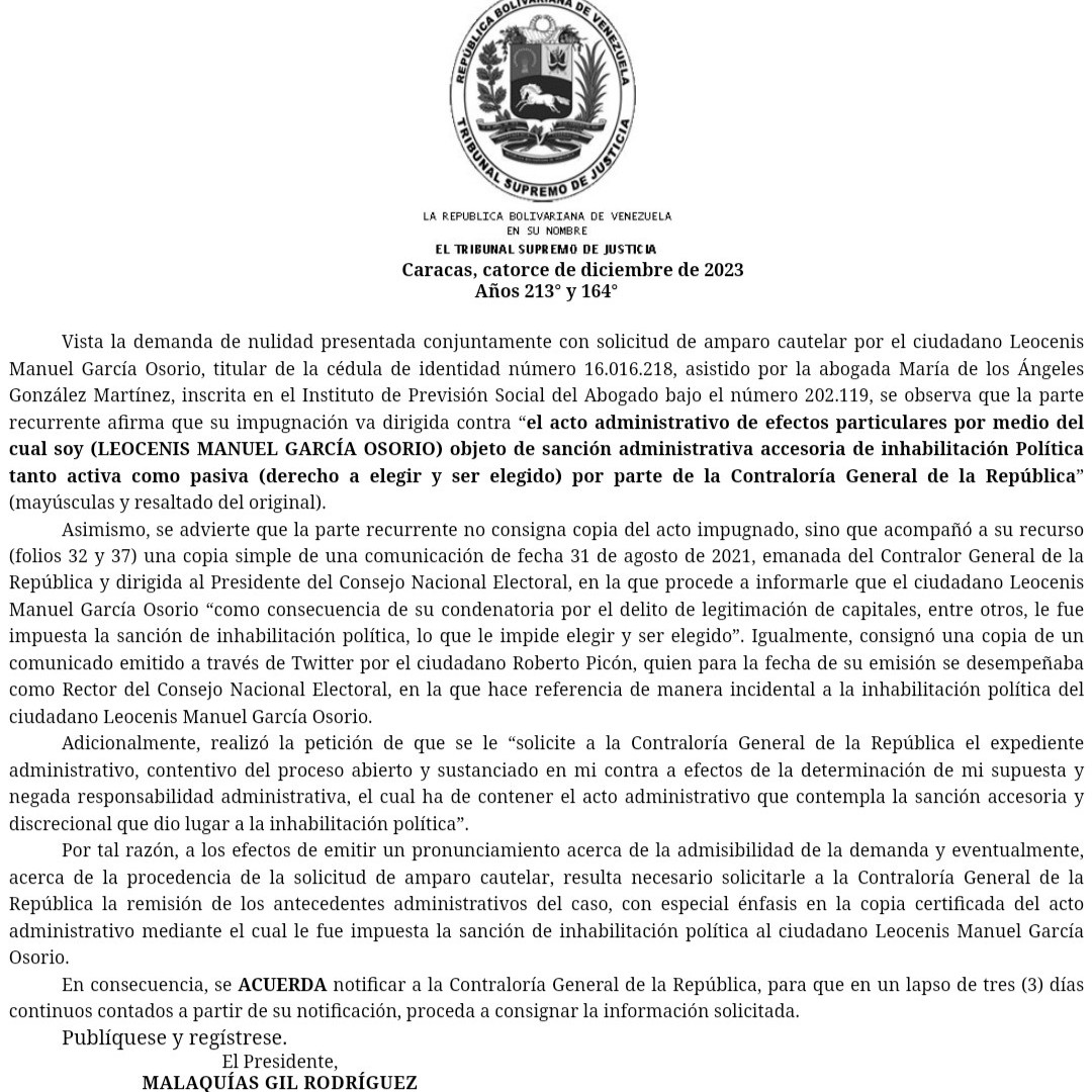 Diario Frontera, Frontera Digital,  TSJ, Contraloría General de la República, Leocenis García, Politica, ,El TSJ solicita información a la Contraloría General de la República sobre el caso de Leocenis García