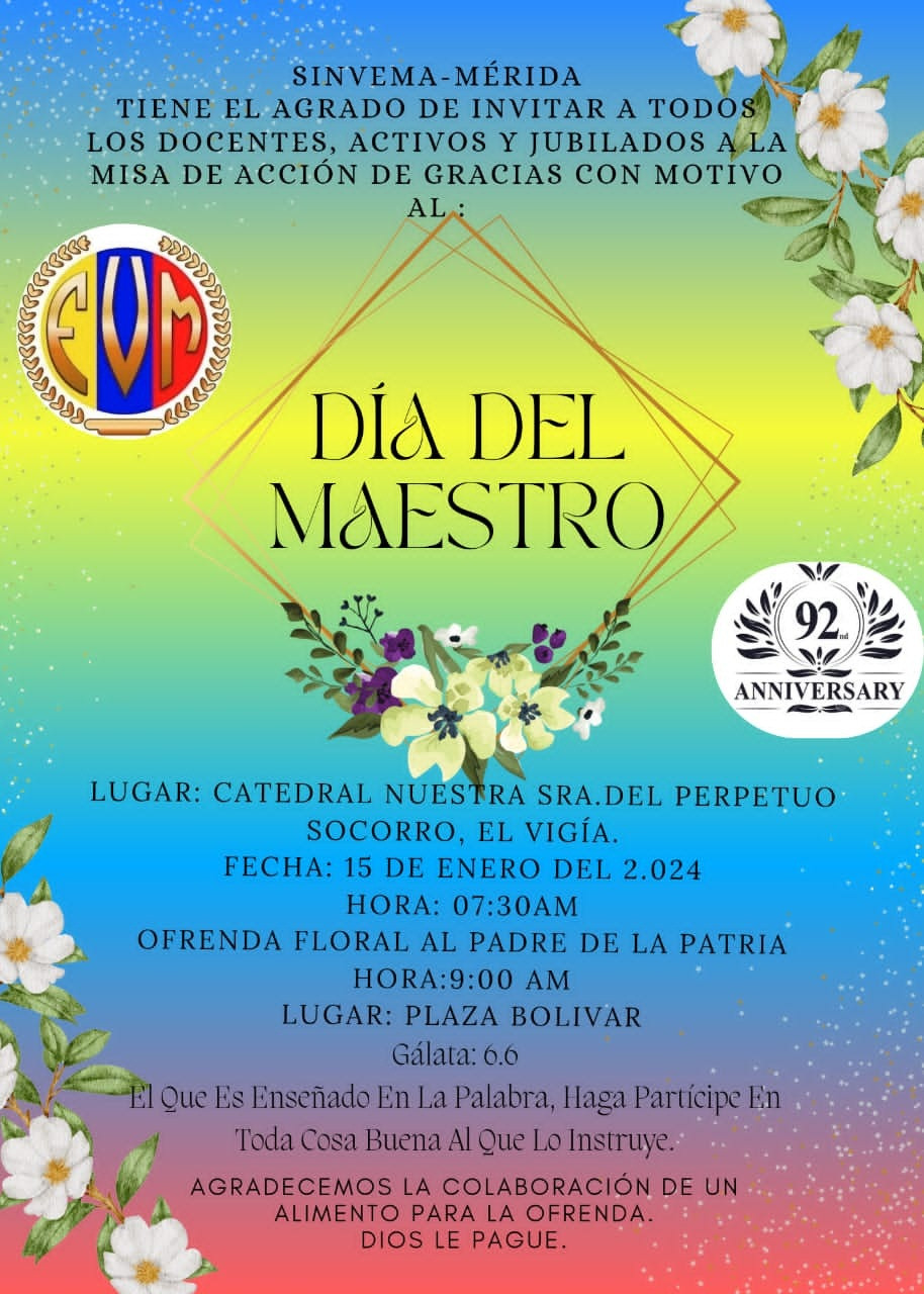 Diario Frontera, Frontera Digital,  El Vigía Panamericana, ,Federación Venezolana de Maestros Sinvema Mérida invita a la misa en la catedral de El Vigía