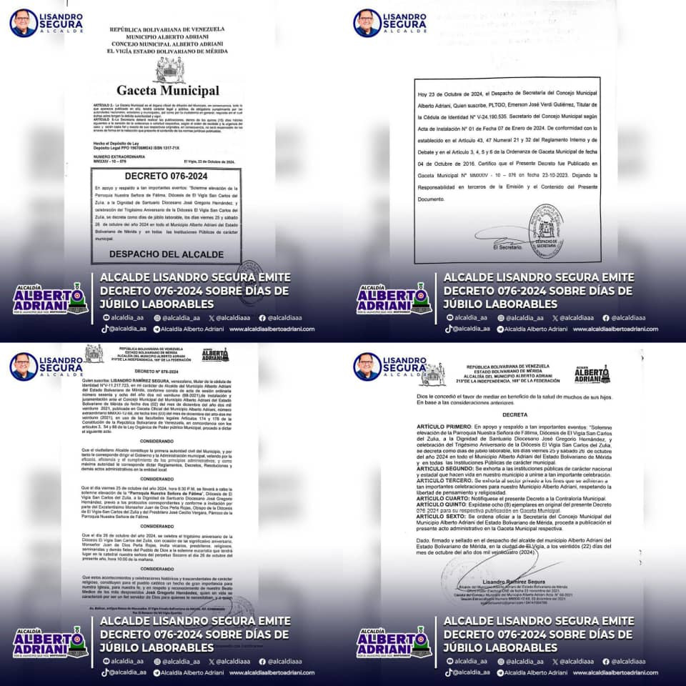 Diario Frontera, Frontera Digital,  El Vigía Panamericana, ,Alcalde Lisandro Segura emite decreto 076-2024 sobre días de júbilo laborables