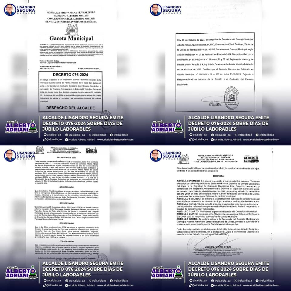 Diario Frontera, Frontera Digital,  El Vigía Panamericana, ,Alcalde Lisandro Segura emite decreto 076-2024 sobre días de júbilo laborables