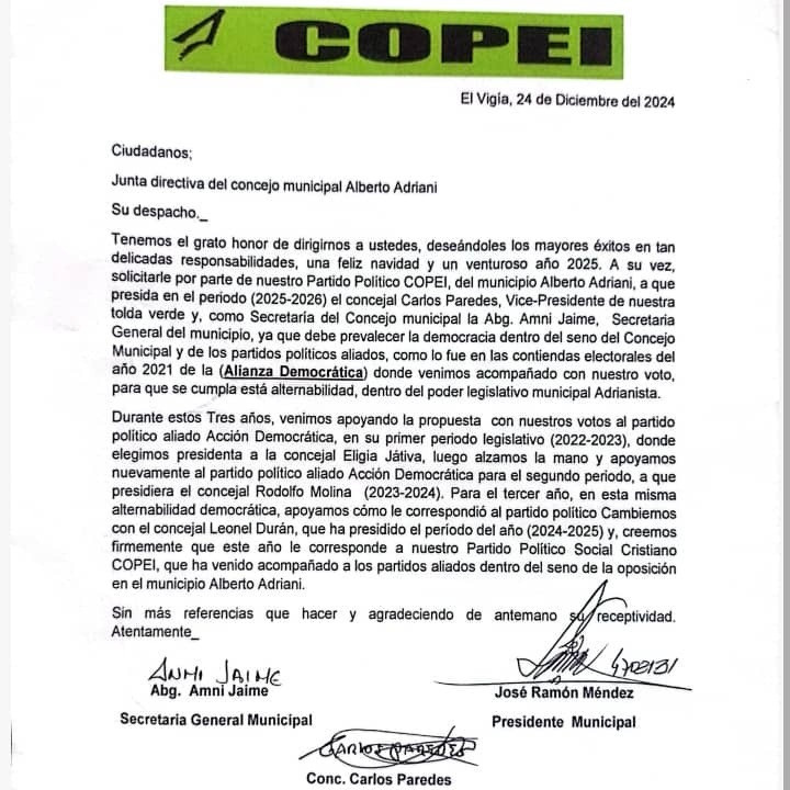 Diario Frontera, Frontera Digital,  Politica, ,Partido Copei solicita presidir directiva del Concejo Municipal de Alberto Adriani el periodo 2025 - 2026