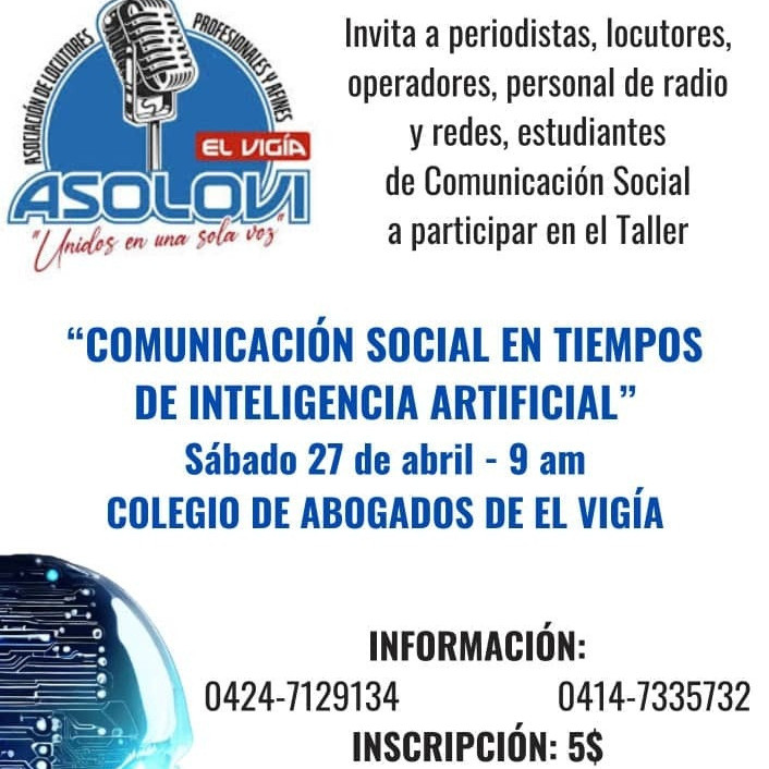 Diario Frontera, Frontera Digital,  El Vigía Panamericana, ,Asolovi invita al taller “Comunicación Social en tiempo de Inteligencia Artificial” en El Vigía