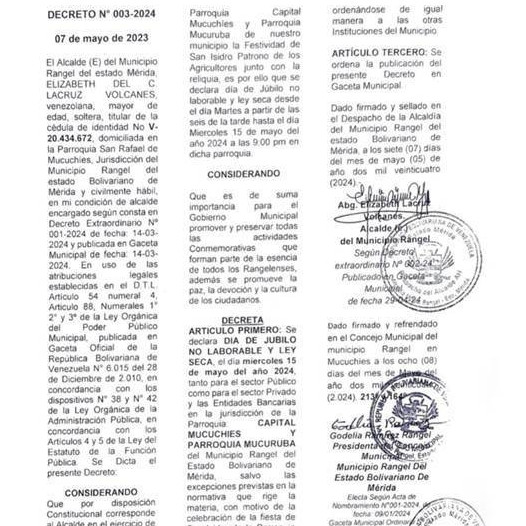 Diario Frontera, Frontera Digital,  Páramo, ,Alcaldía de Rangel decreta día de júbilo no laborable
y Ley Seca por celebración de San Isidro