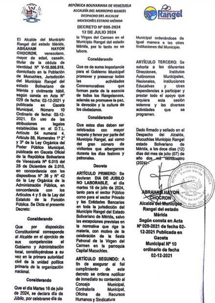 Diario Frontera, Frontera Digital,  Regionales, Páramo, ,Alcaldía de Rangel decreta día de júbilo no laborable
por celebración de Fiesta Patronal de la Virgen del Carmen