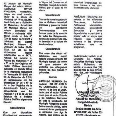 Diario Frontera, Frontera Digital,  Regionales, Páramo, ,Alcaldía de Rangel decreta día de júbilo no laborable
por celebración de Fiesta Patronal de la Virgen del Carmen