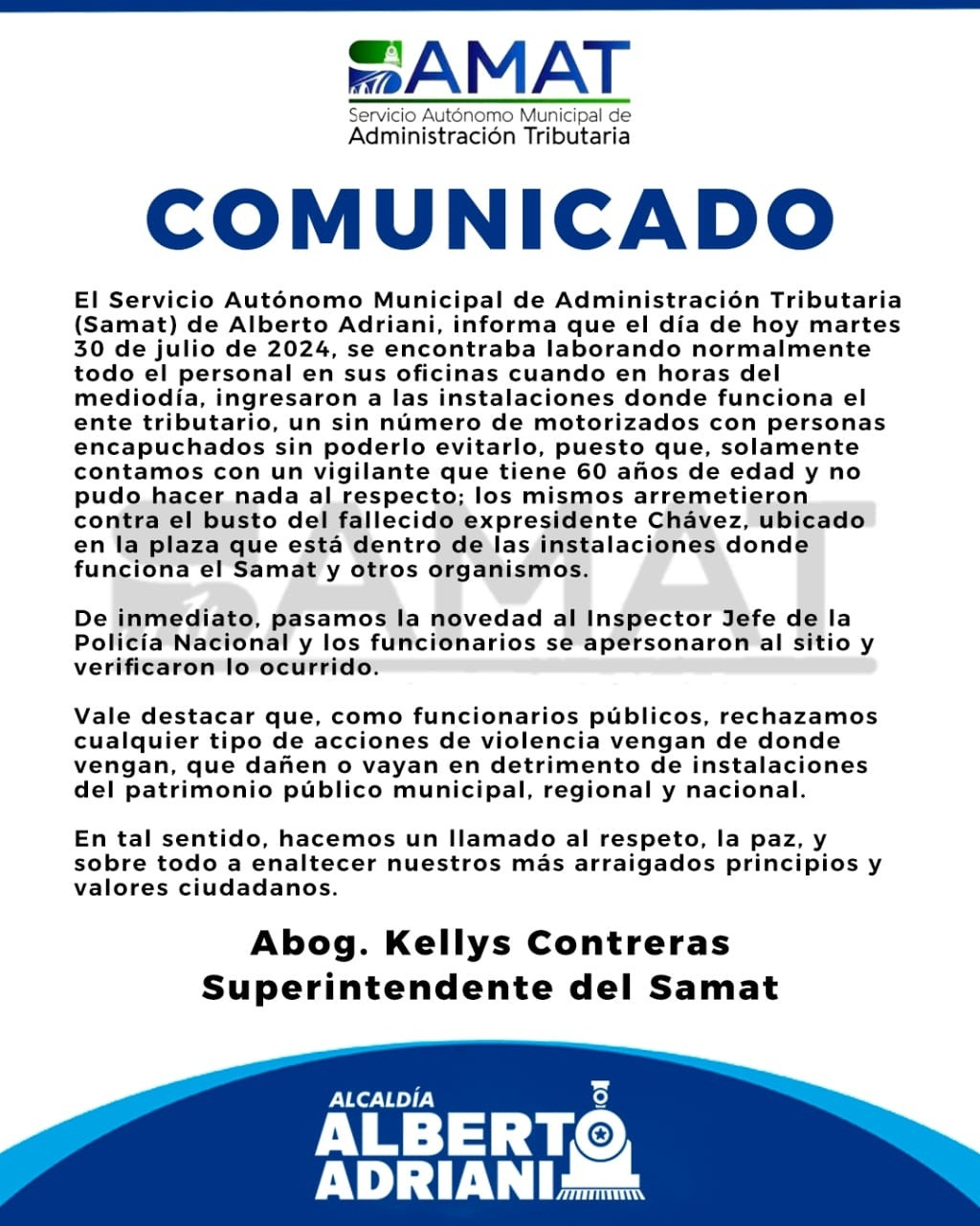 Diario Frontera, Frontera Digital,  El Vigía Panamericana, ,Samat El Vigía señaló a través de un comunicado que no tienen nada que ver con la destrucción del busto de Chávez