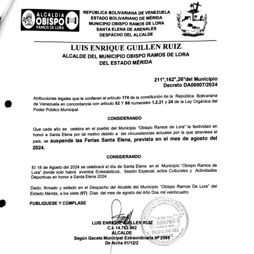 Diario Frontera, Frontera Digital,  El Vigía Panamericana, ,Alcaldía de Obispo Ramos de Lora suspendió las ferias “debido a las condiciones sociales y políticas que hoy vive en el país”
