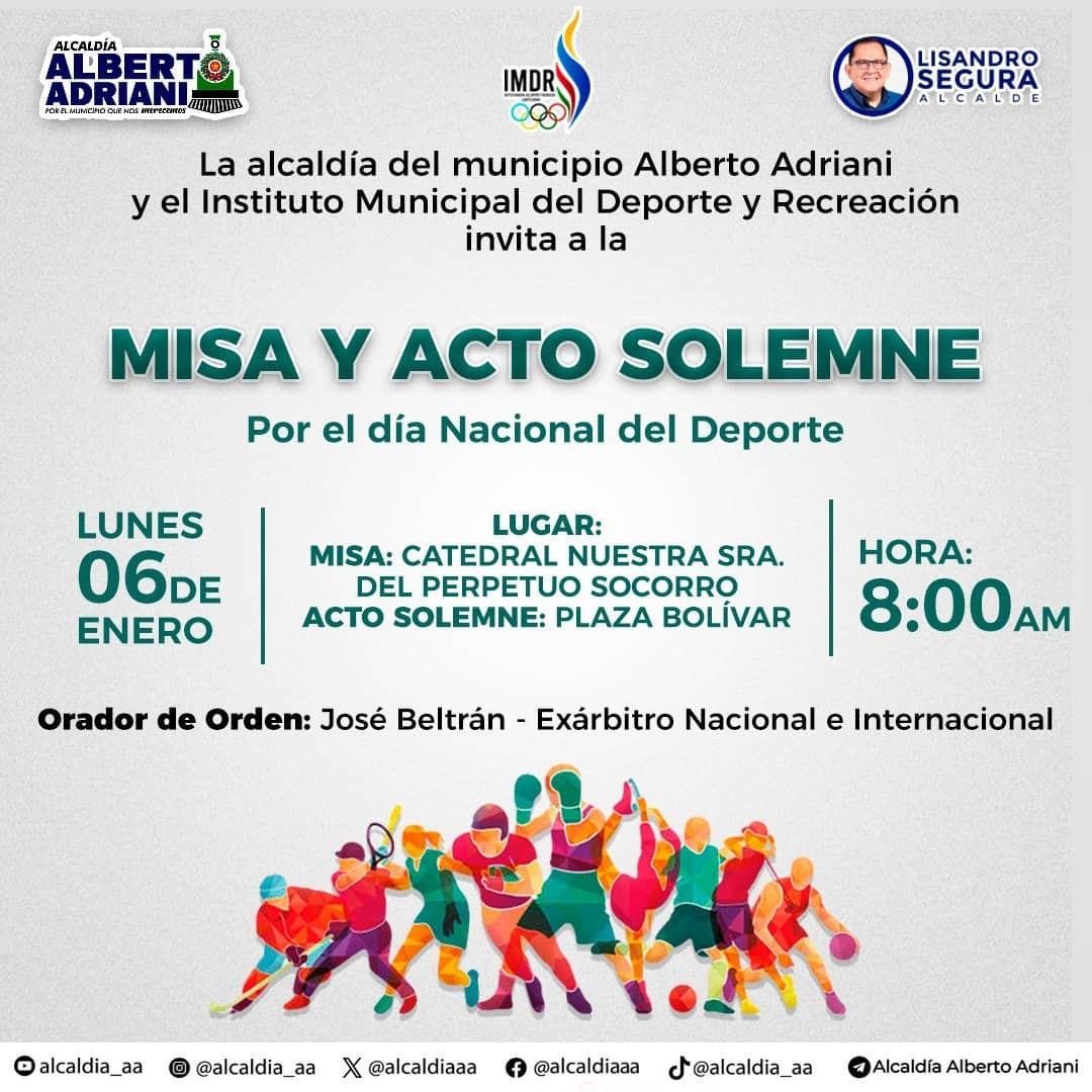 Diario Frontera, Frontera Digital,  El Vigía Panamericana, ,El Instituto Municipal del Deporte de Alberto Adriani celebrará Día Nacional del Deporte con misa y acto solemne