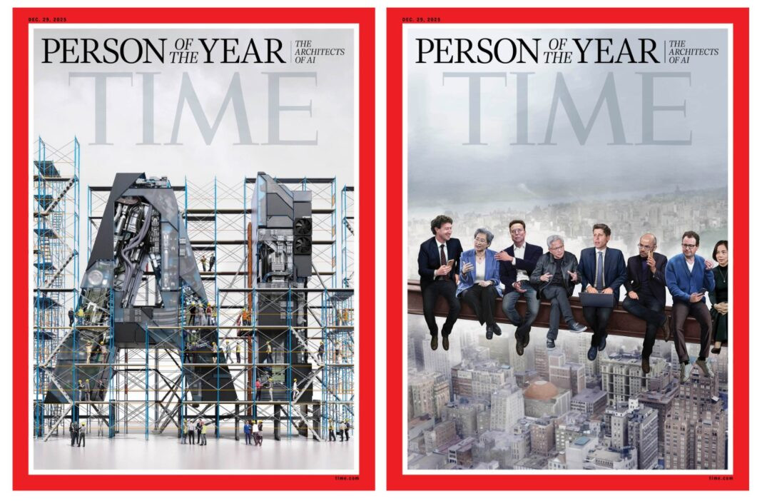 Diario Frontera, Frontera Digital,  Internacionales, ,La foto de la portada muestra a diversos directores ejecutivos de empresas tecnológicas almorzando sentados en una viga de acero suspendida a gran altura sobre la ciudad de Nueva York, un guiño a la famosa fotografía ‘Lunch atop a Skyscraper¡’ (Almuerzo en la cima de un rascacielos) de 1932.,Los arquitectos de la IA son la Persona del Año de 2025 para la revista Time