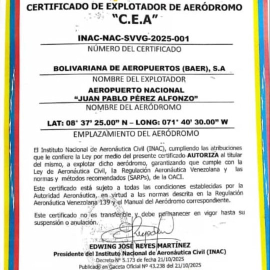 Diario Frontera, Frontera Digital,  El Vigía Panamericana, ,Aeropuerto “Juan Pablo Pérez Alfonzo” de El Vigía 
recibe certificación oficial como explotador de aeródromo