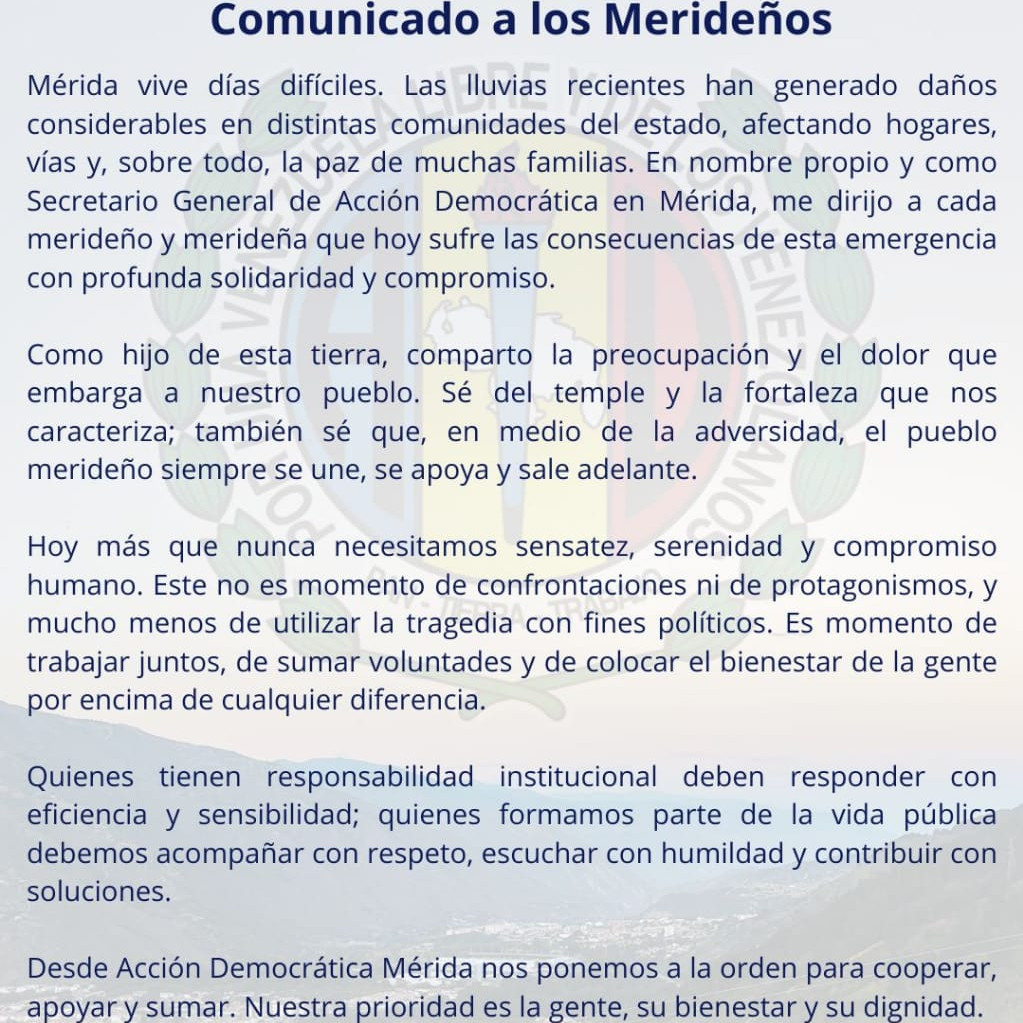 Diario Frontera, Frontera Digital,  Politica, ,Alcides Monsalve ante la emergencia por lluvias en Mérida: "Es momento de unirnos, mantener la calma y sumar voluntades"