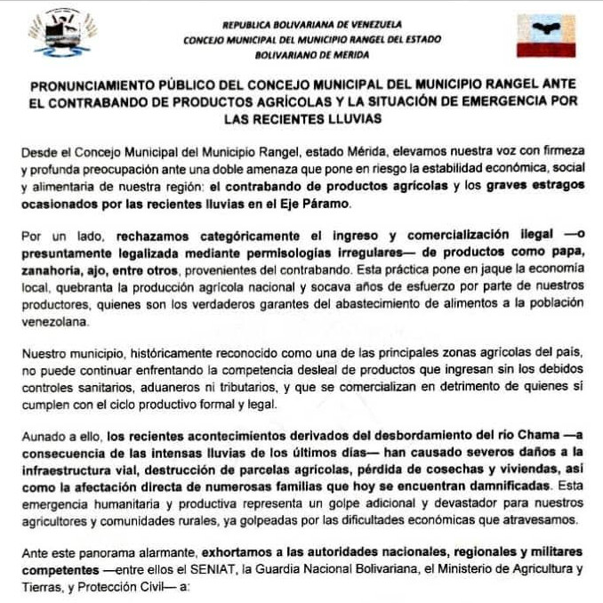 Diario Frontera, Frontera Digital,  Páramo, ,Concejo Municipal de Rangel alerta sobre contrabando 
y crisis agrícola en el Eje Páramo