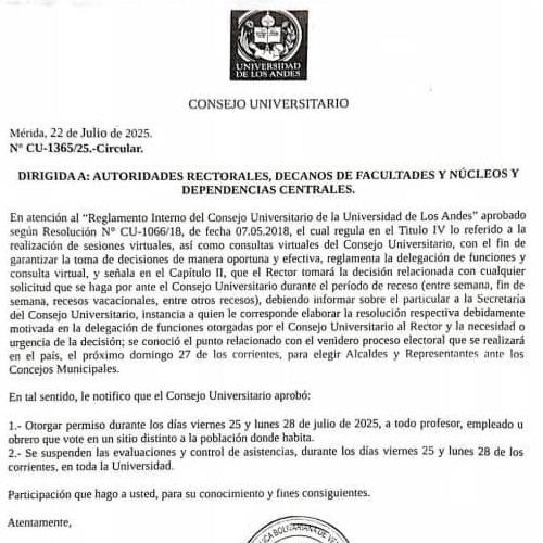 Diario Frontera, Frontera Digital,  Regionales, ,La ULA otorga permisos laborales y suspende evaluaciones 
y control de asistencia por elecciones del 27 de julio