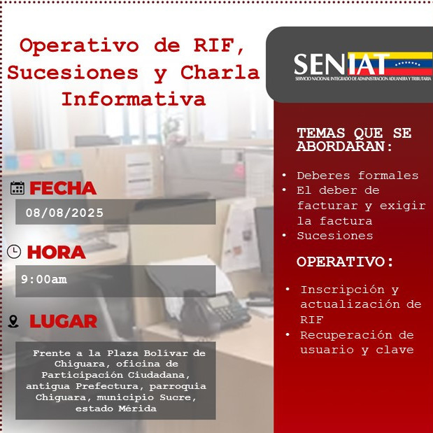 Diario Frontera, Frontera Digital,  Regionales, ,Seniat Mérida realizará operativo de RIF, Sucesiones 
y charla Informativa en Chiguará