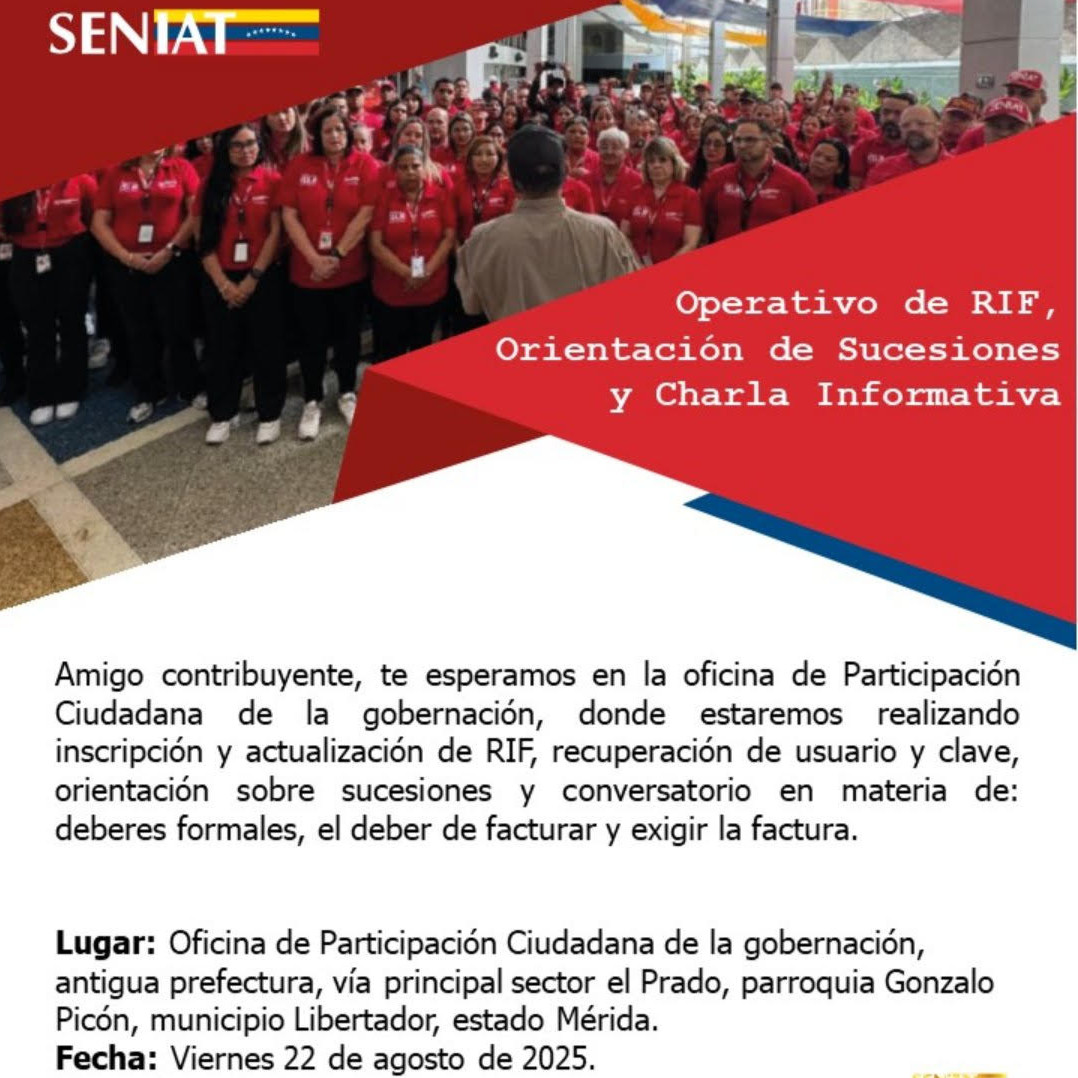 Diario Frontera, Frontera Digital,  Regionales, ,SENIAT realizará operativo integral de RIF y orientación tributaria en la parroquia Gonzalo Picón de Mérida