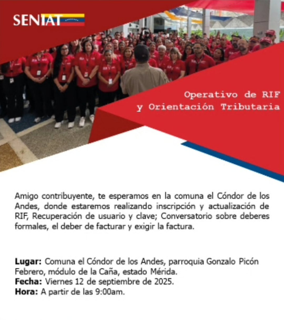 Diario Frontera, Frontera Digital,  Regionales, ,SENIAT desplegará operativo especial de RIF y orientación tributaria 
en la comuna El Cóndor de los Andes (El Valle)