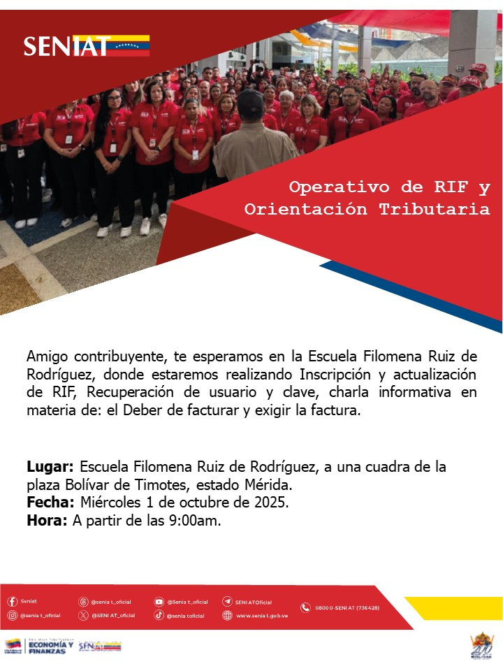 Diario Frontera, Frontera Digital,  Páramo, ,Este tipo de jornadas forman parte del despliegue nacional del organismo tributario para fomentar la cultura fiscal, facilitar el cumplimiento de deberes formales y promover la transparencia en las operaciones comerciales,SENIAT reprograma operativo de RIF y orientación tributaria en Timotes