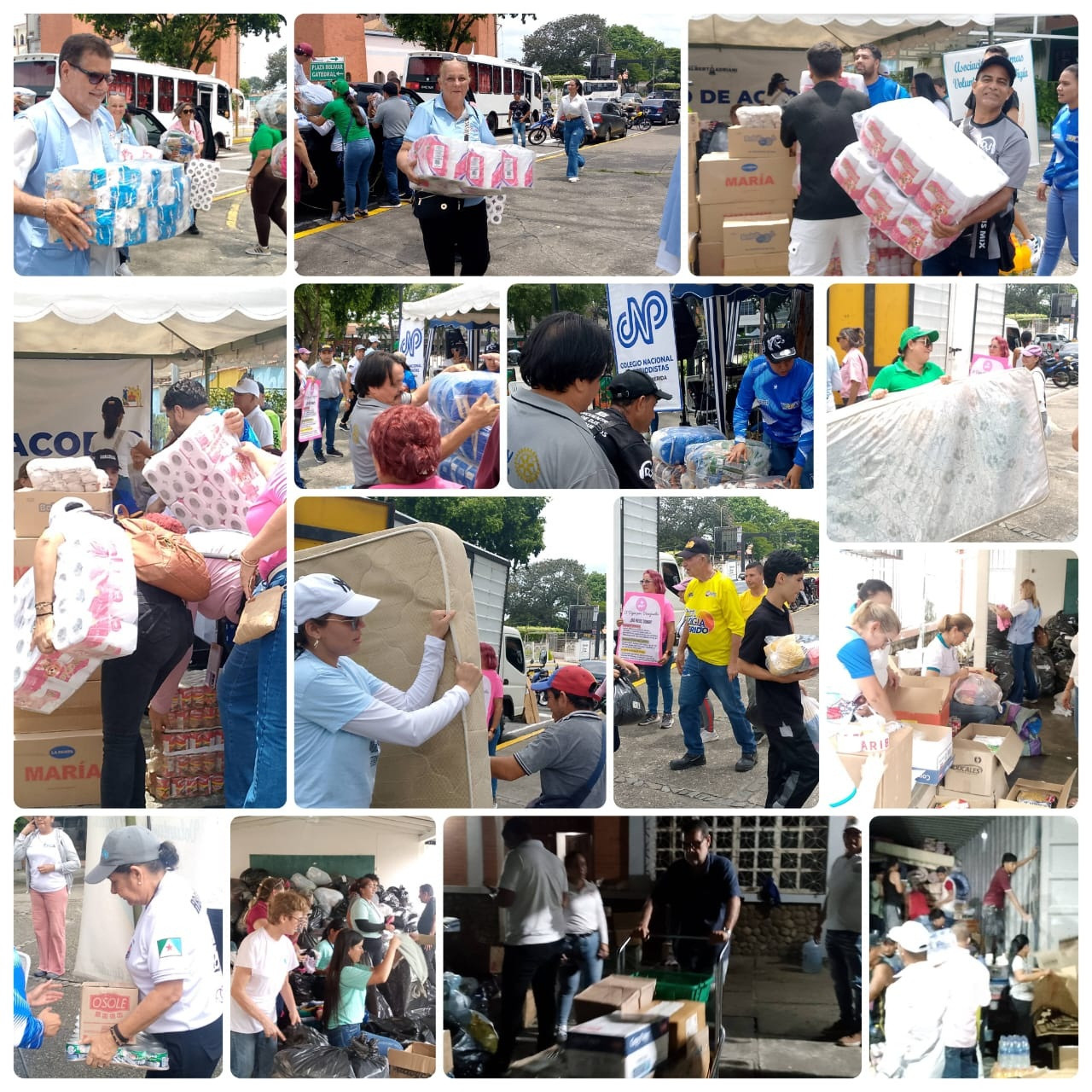 Diario Frontera, Frontera Digital,  El Vigía Panamericana, ,La actividad inició a las ocho de la mañana en la Plaza Bolívar de El Vigía, punto central de la convocatoria, y contó con la participación de gremios profesionales como el Colegio de Ingenieros, Colegio de Abogados, Colegio de Administradores, además de las Damas Voluntarias, Fundahovig, Rotary El Vigía, emisoras de radio locales y el poder municipal a través de sus institutos y gerencias,Más de 15 toneladas de ayuda recolectada en El Vigía
fueron enviadas a Cáritas Diocesana en Caracas