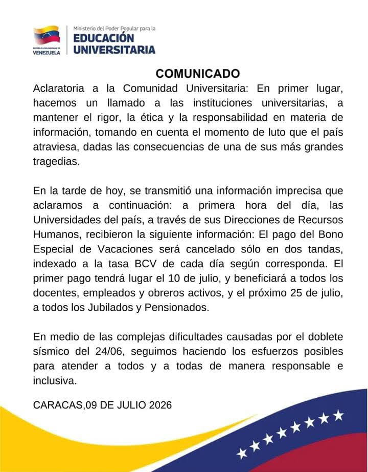 Diario Frontera, Frontera Digital,  Nacionales, ,El ministerio destacó que, pese a las dificultades derivadas del doble evento sísmico del 24 de junio, se mantienen los esfuerzos para atender de manera responsable e inclusiva a toda la comunidad universitaria,Gobierno anuncia cronograma del Bono Especial de Vacaciones para la comunidad universitaria