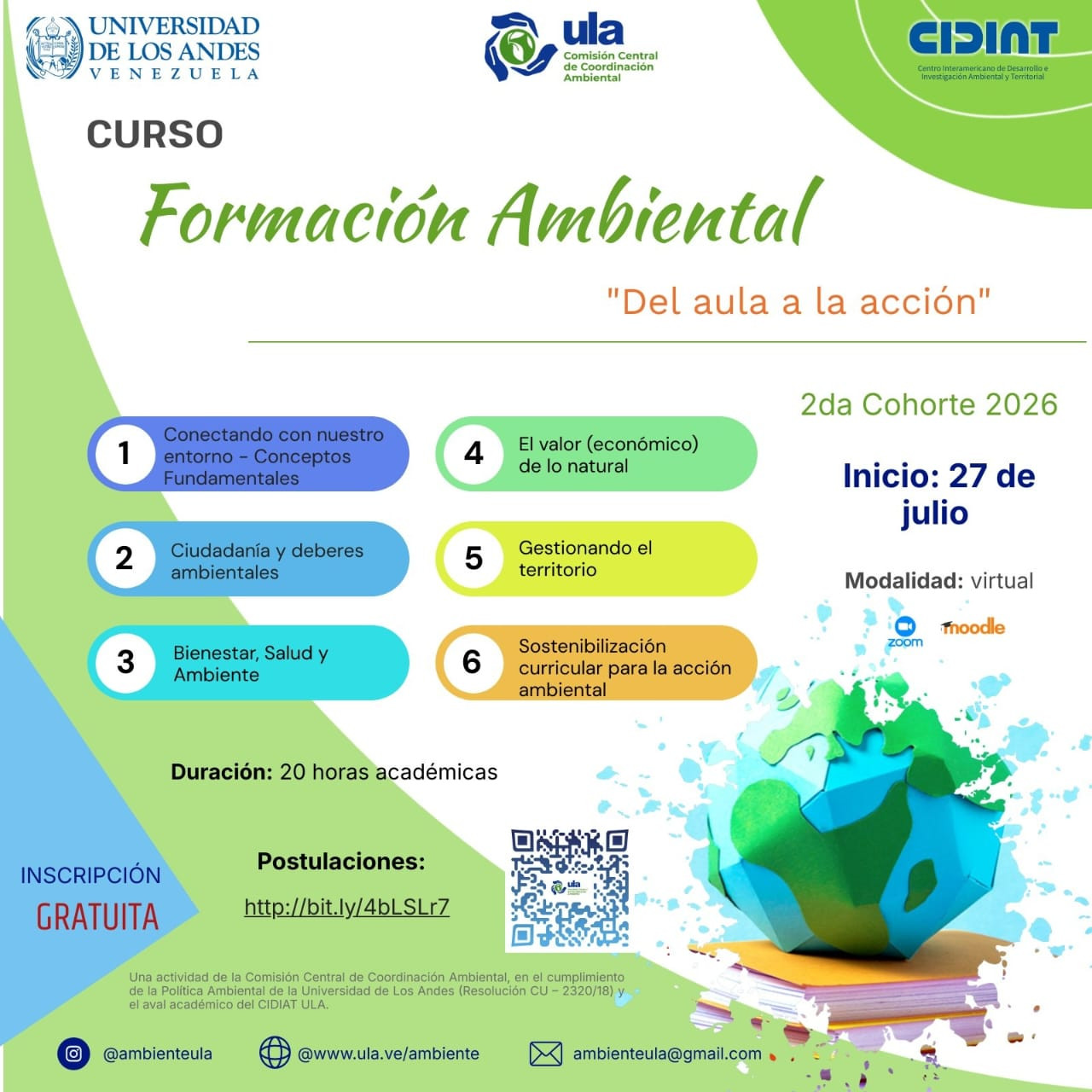 Diario Frontera, Frontera Digital,  Regionales, ,El curso tiene una duración de 20 horas académicas y se dictará en modalidad virtual, a través de las plataformas Zoom y Moodle. Inicia el 27 de julio de 2026 y la inscripción es totalmente gratuita,ULA convoca a segunda cohorte del curso “Formación Ambiental: Del aula a la acción”