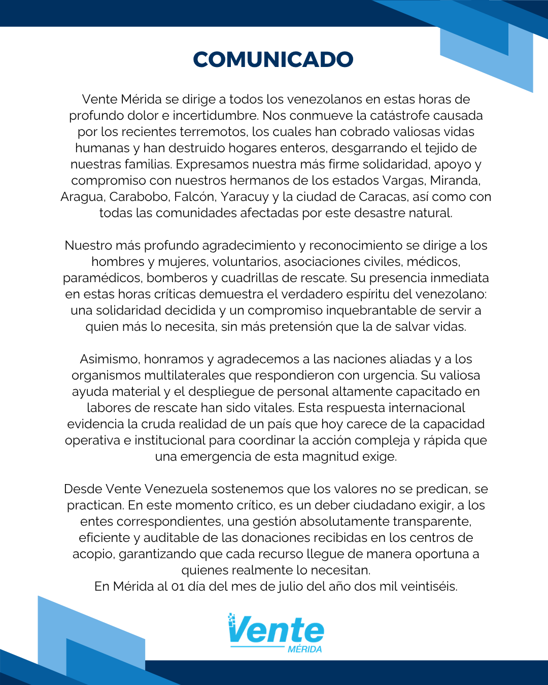 Diario Frontera, Frontera Digital,  Politica, ,COMUNICADO de Vente Mérida,COMUNICADO de Vente Mérida ante la tragedia: 
Transparencia, solidaridad y reconstrucción nacional