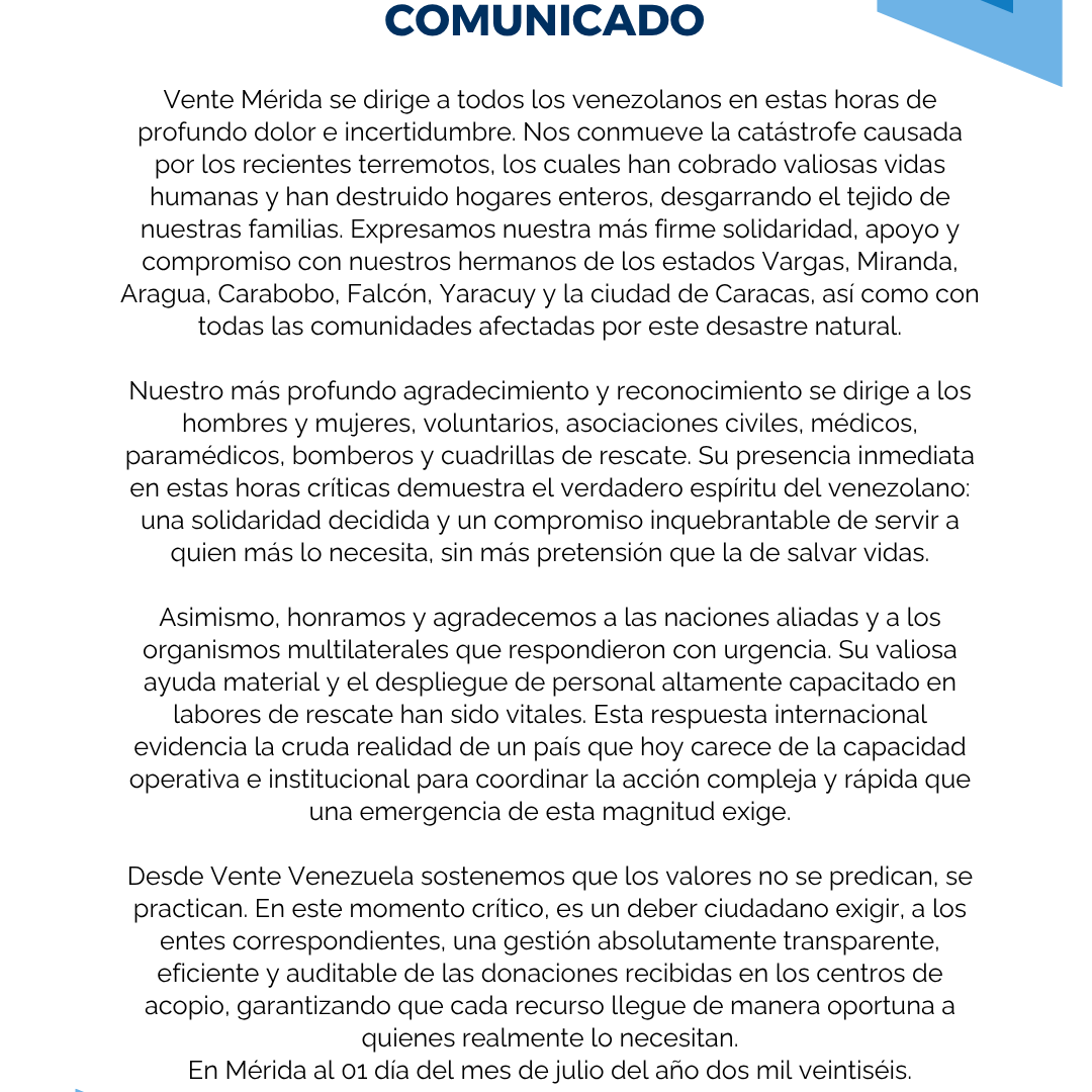 Diario Frontera, Frontera Digital,  Politica, ,COMUNICADO de Vente Mérida ante la tragedia: 
Transparencia, solidaridad y reconstrucción nacional